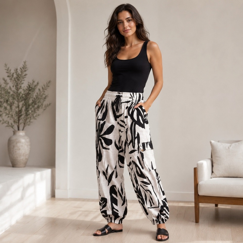 Linen rayon harem pants cargo pockets black white tropical artsy eclectic indie
